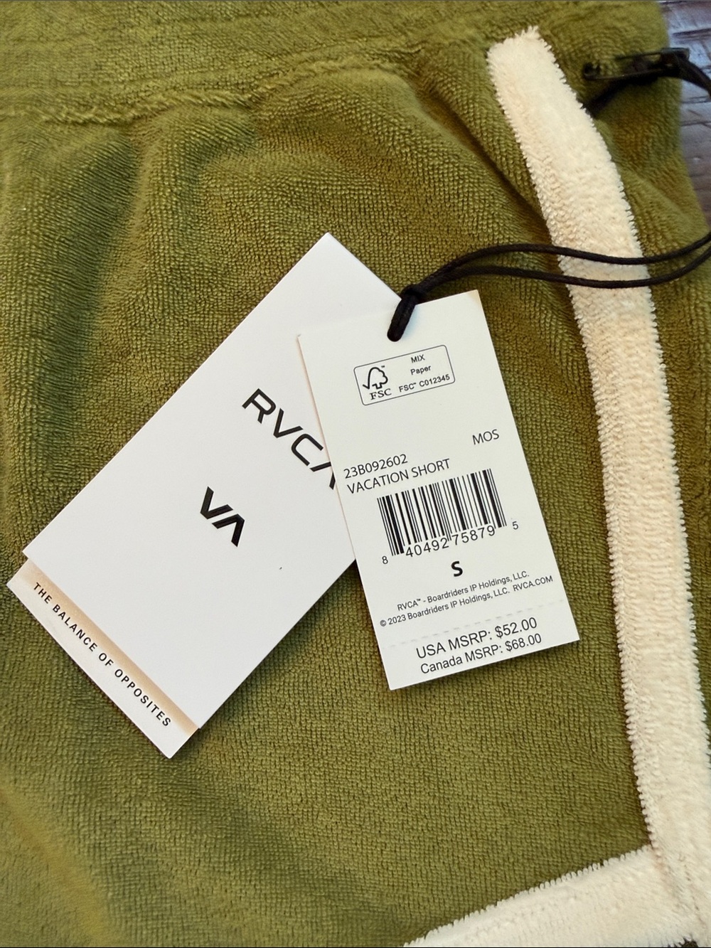 RVCA Olive Green Terry Retro Athletic Shorts with Cream Trim - Picture 2 of 5